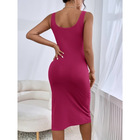 Square neck Ribbed Knit Split Thigh Tank midi Dress black - Picture 11 of 12